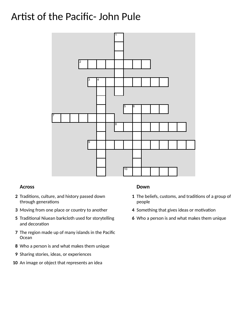 John Pule Pacific Island artist crossword with cultural identity and heritage vocabulary.