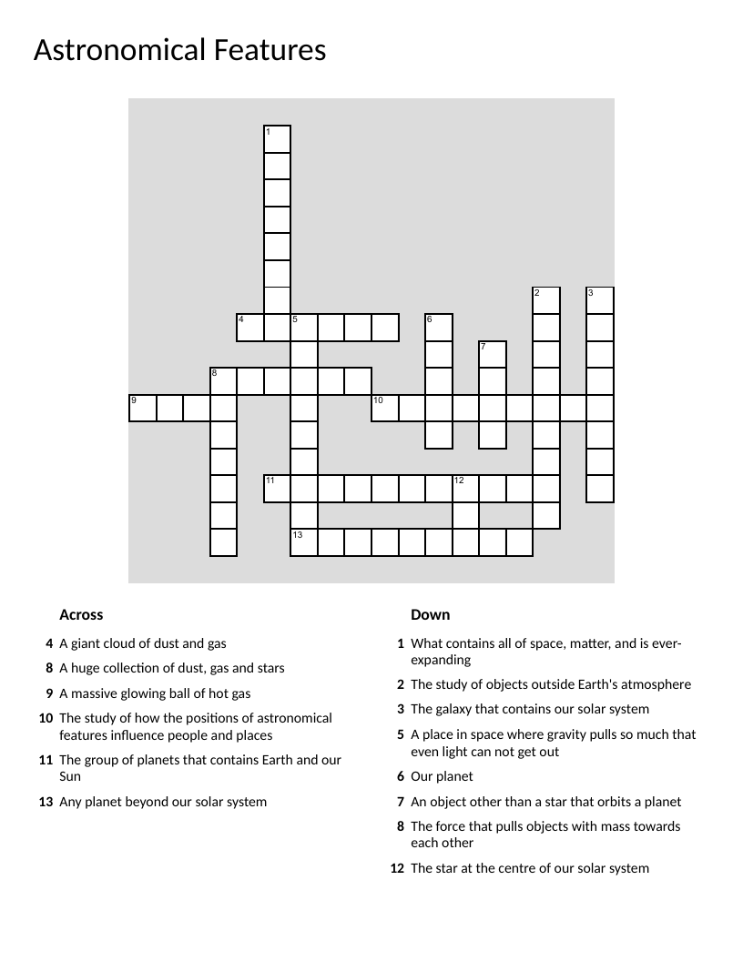 Astronomy crossword with vocabulary like galaxy, nebula, exoplanet, and black hole.