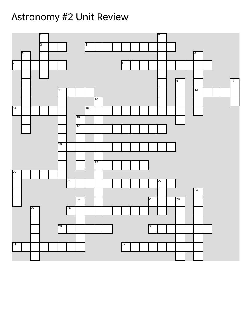 Astronomy crossword puzzle with stars, galaxies, space exploration, and NASA missions.