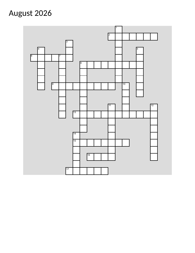 August summer crossword with ice cream, meteor showers, and state fair themes.