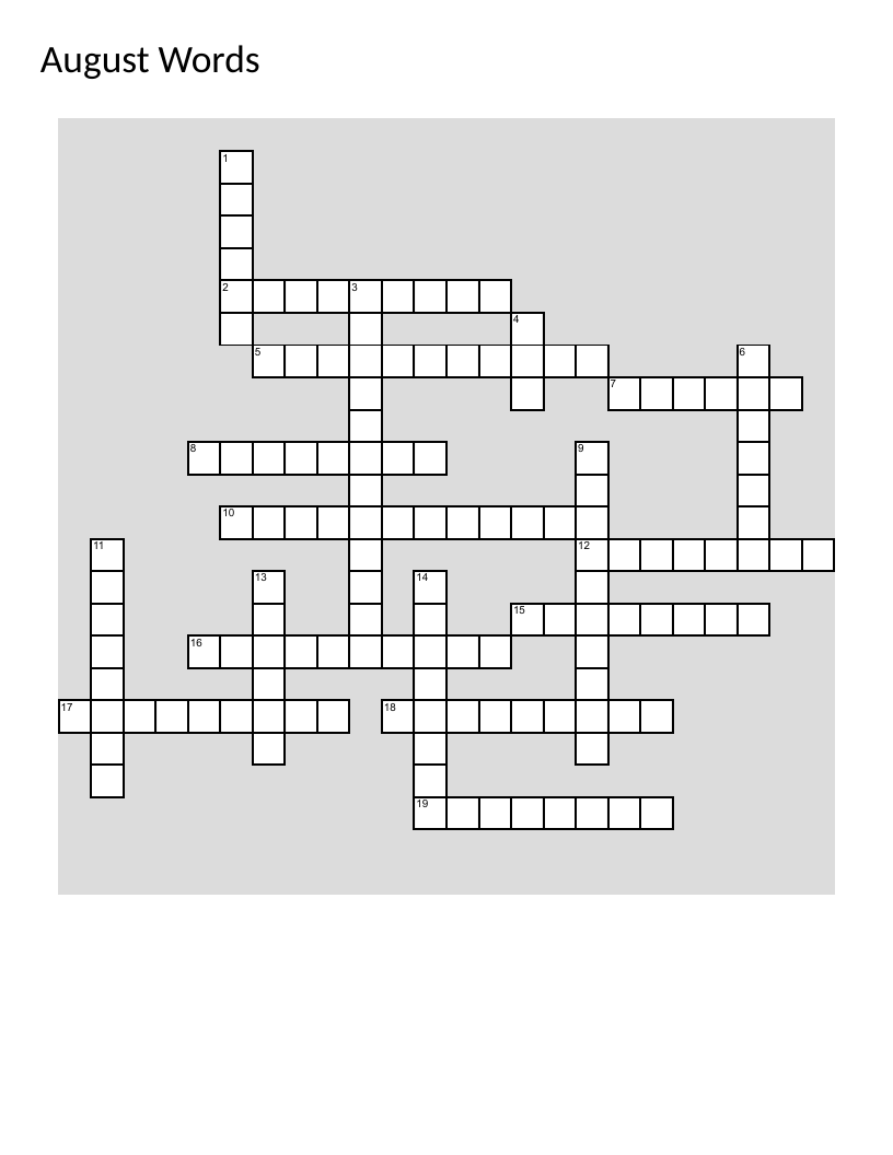 August-themed crossword puzzle with summer activities, back-to-school, and meteor showers.