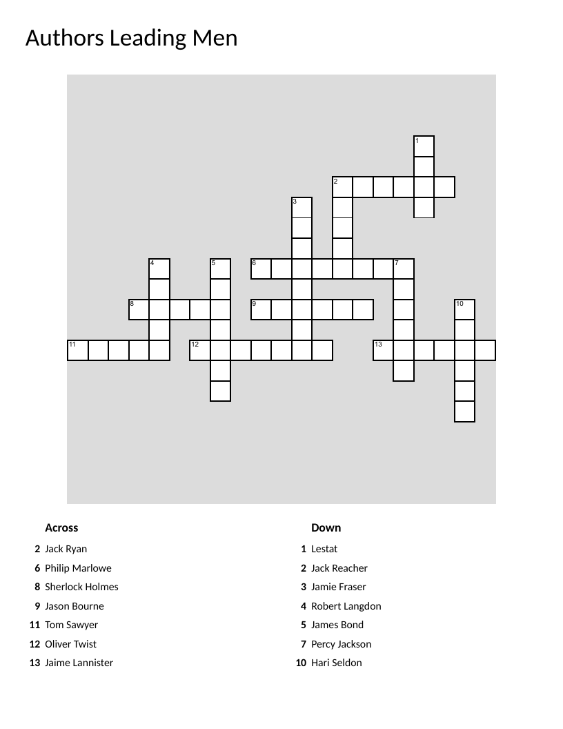 Literature crossword matching famous male characters to their authors.