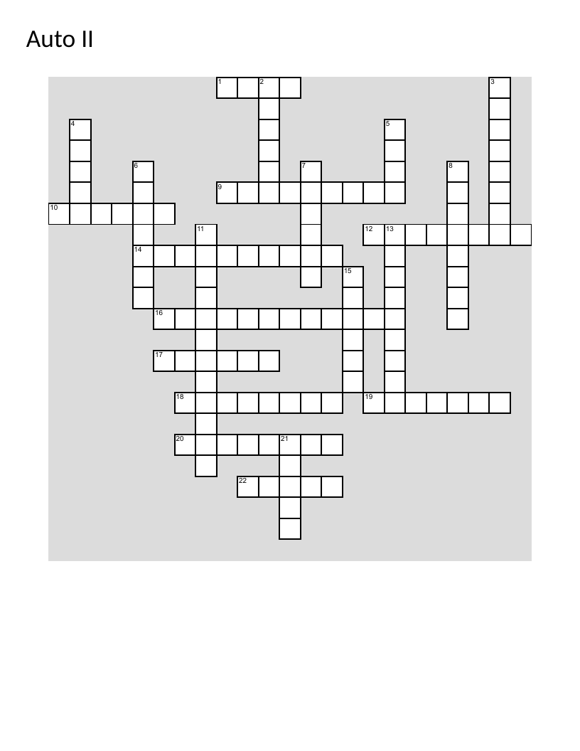 Automotive systems crossword with engine, transmission, brake, and vehicle mechanics vocabulary.