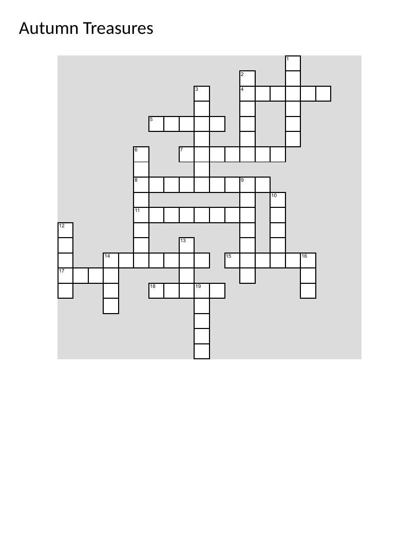 Autumn crossword with fall vocabulary like pumpkin, harvest, and scarecrow.