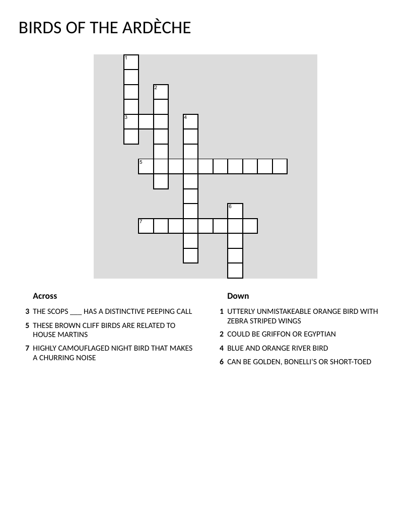 Bird species crossword puzzle featuring hoopoe, kingfisher, eagle, and owls.