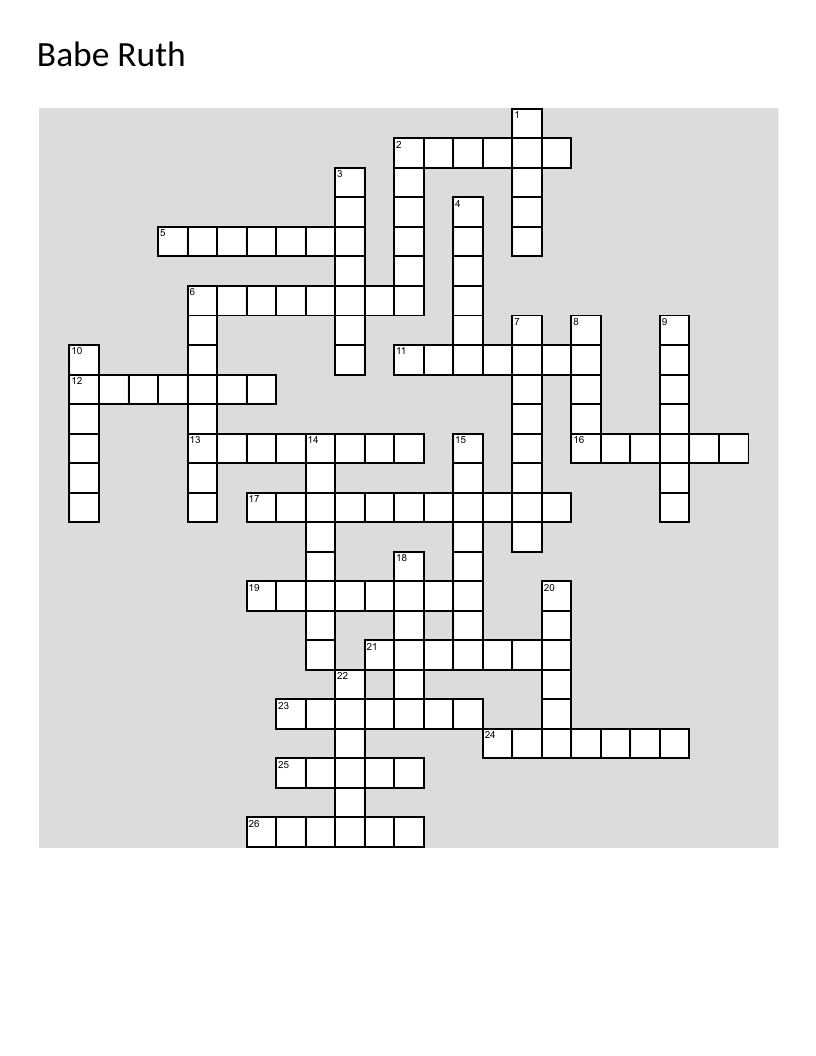 Babe Ruth and baseball crossword with home run, fastball, and Bambino.