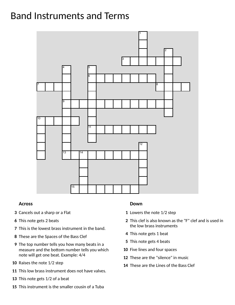 Band crossword with brass instruments, music notation, and time signatures.