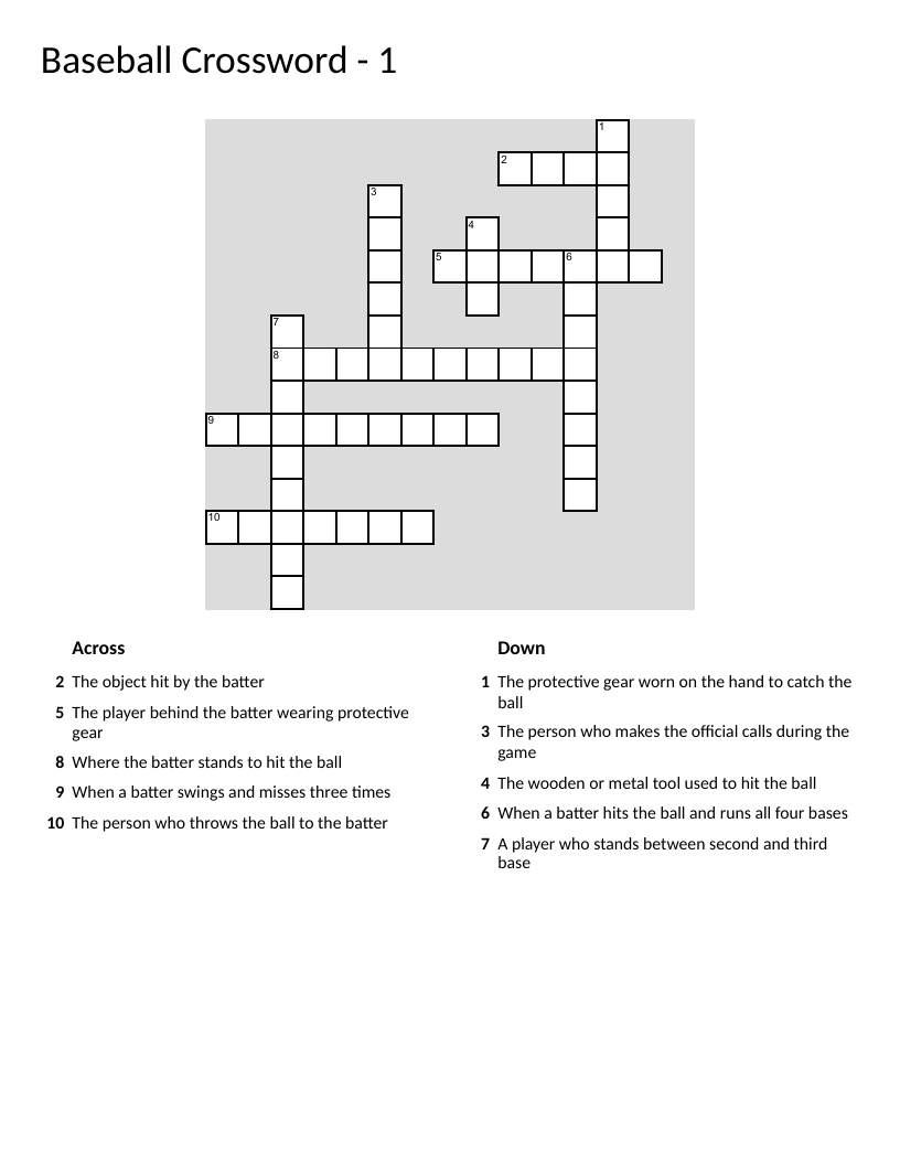 Baseball vocabulary crossword with pitcher, catcher, bat, and home run.