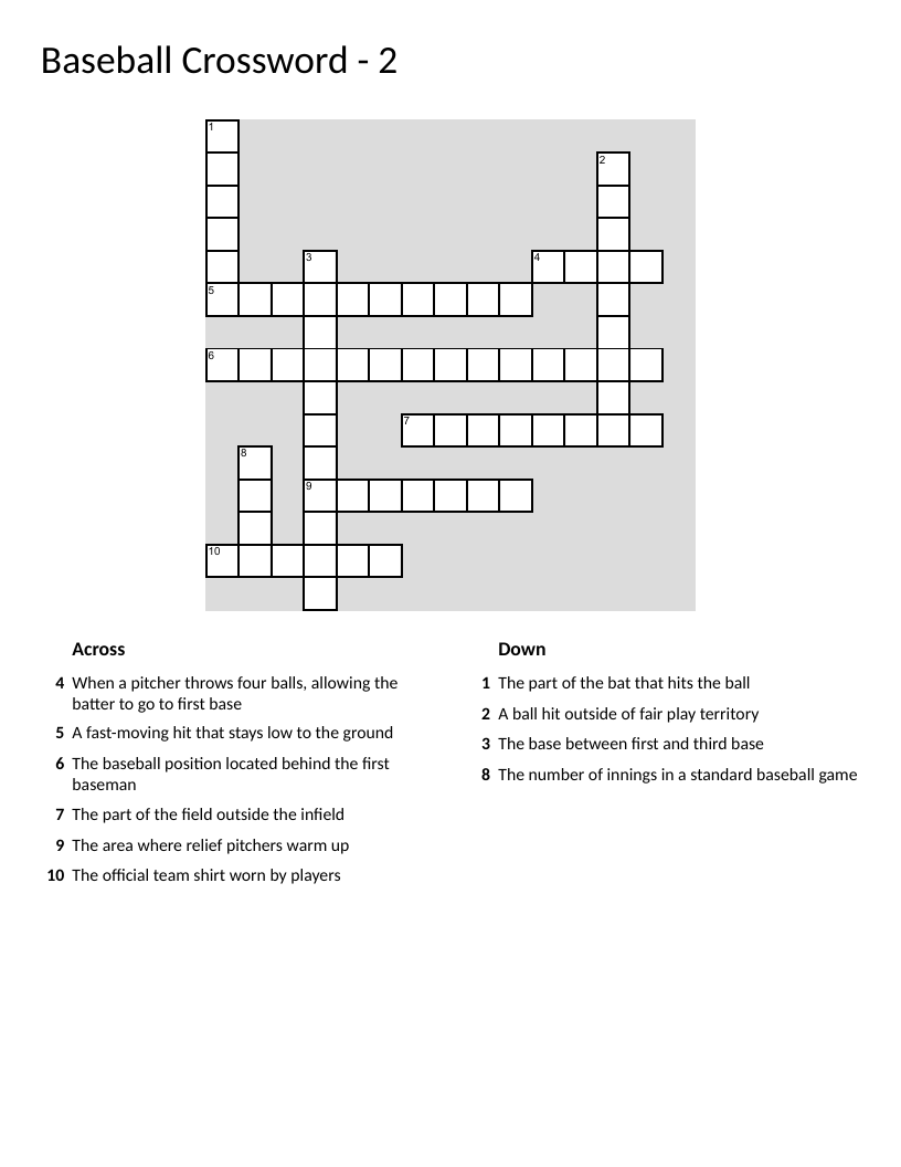 Baseball vocabulary crossword with positions, plays, and game terminology.