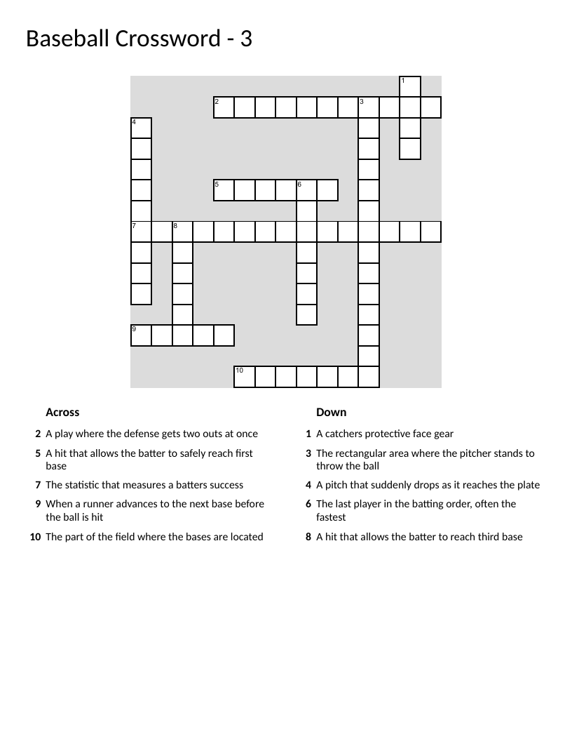 Baseball vocabulary crossword with terms like double play, steal, and curveball.