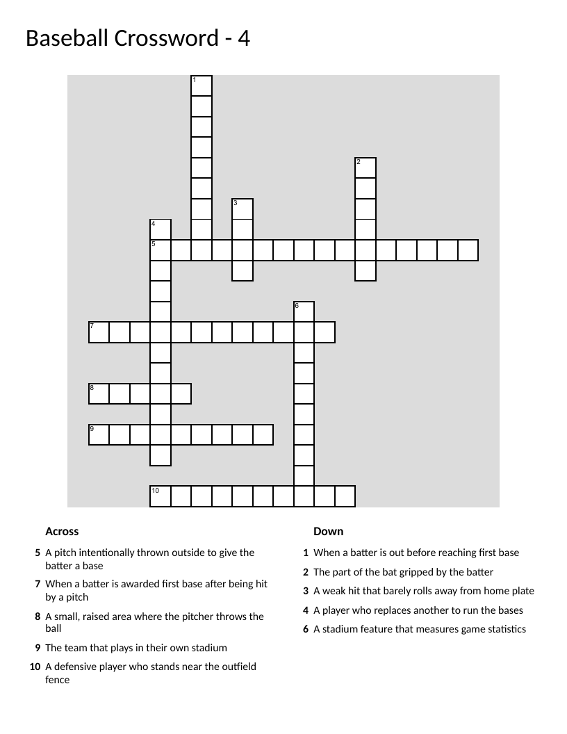 Baseball crossword with vocabulary like bunt, outfielder, and scoreboard.