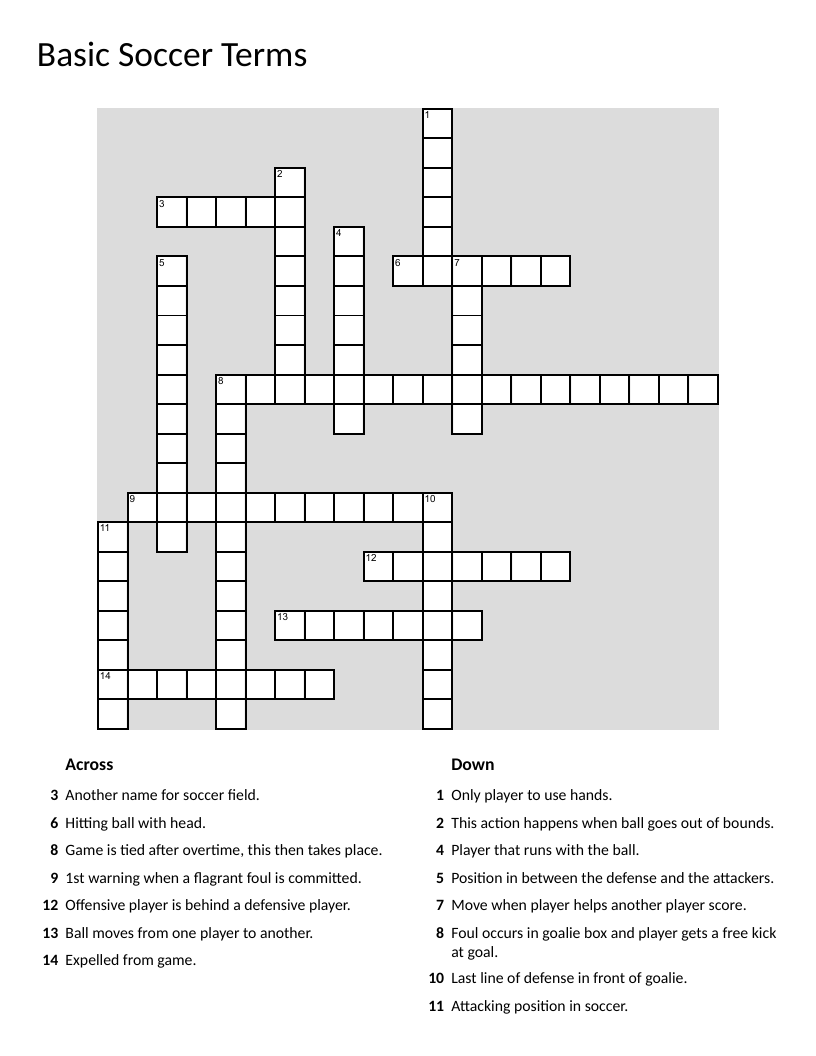 Soccer vocabulary crossword with terms like header, goalie, and penalty kick.