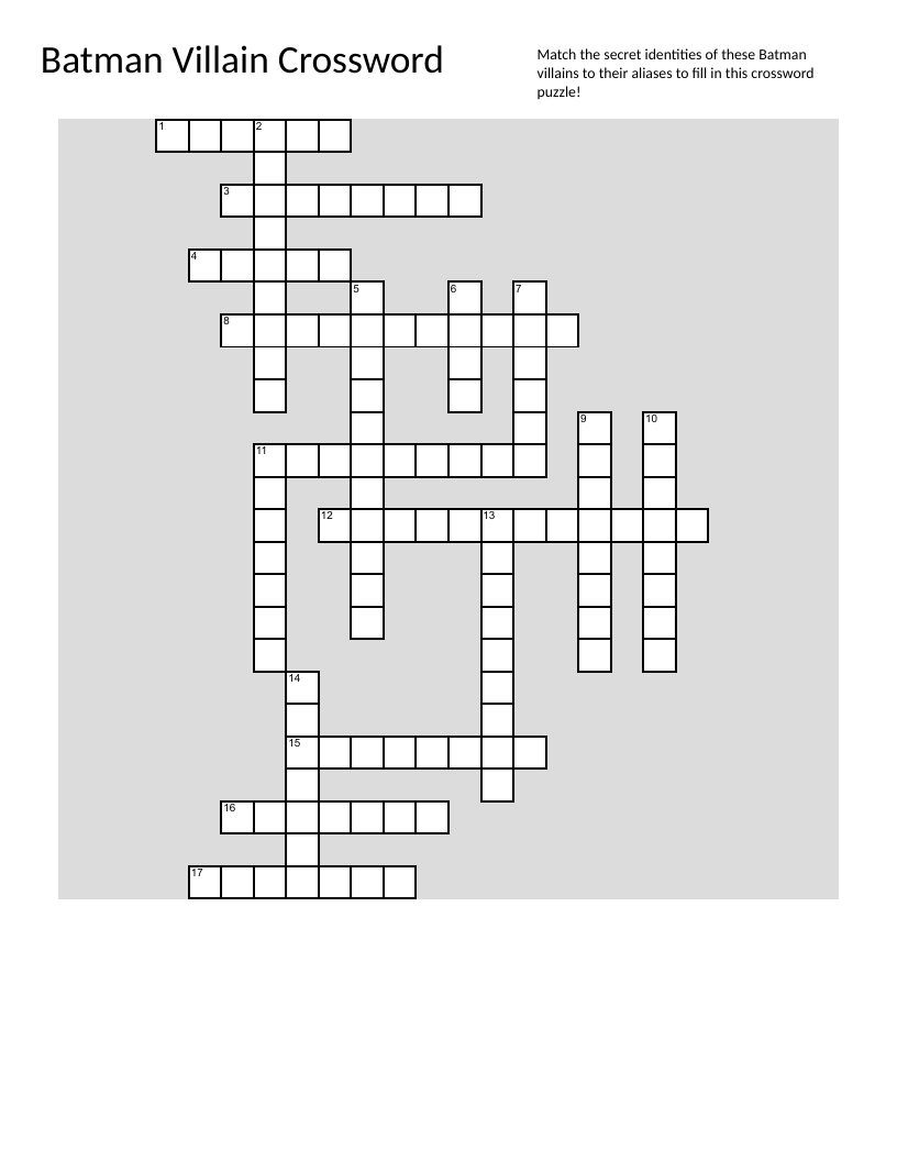 Batman villains crossword puzzle with Joker, Catwoman, Harley Quinn, and other DC Comics antagonists.