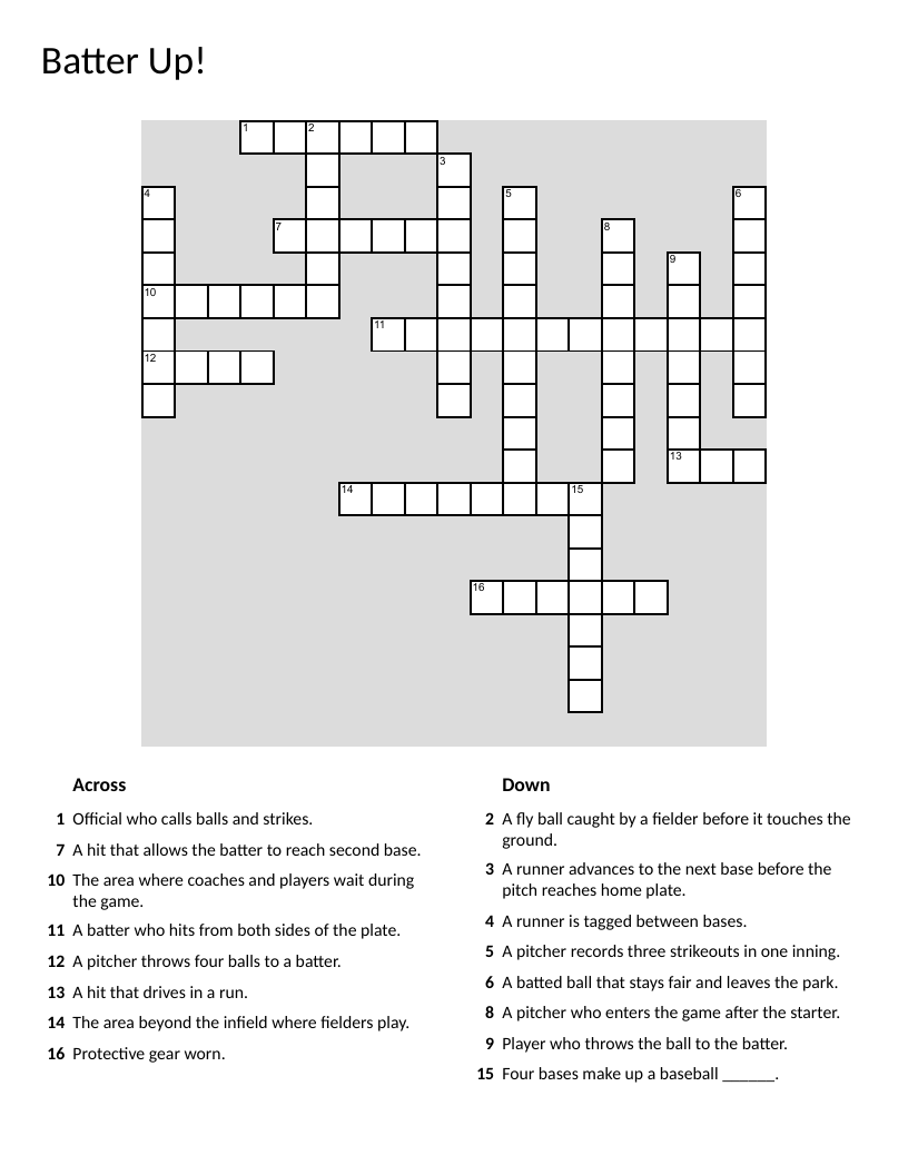 Baseball crossword with vocabulary like umpire, double, home run, and pitcher.