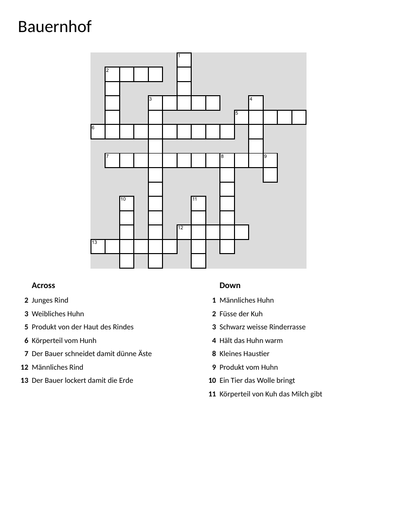 German farm vocabulary crossword with animals, tools, and farm-related terms.