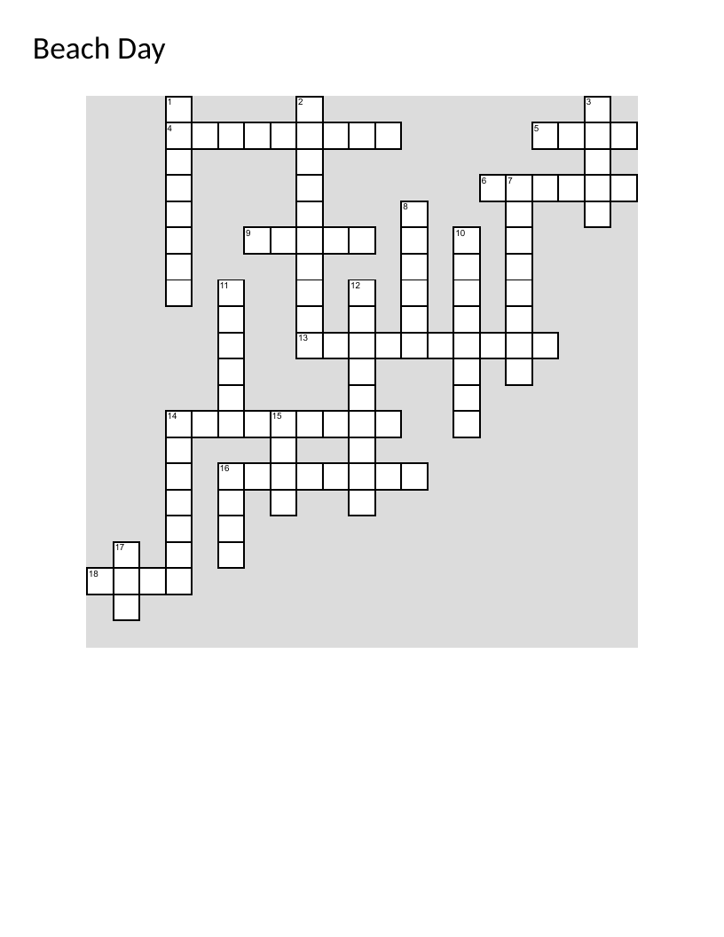 Beach Day crossword with summer vocabulary like lifeguard, sandcastle, and surfboard.