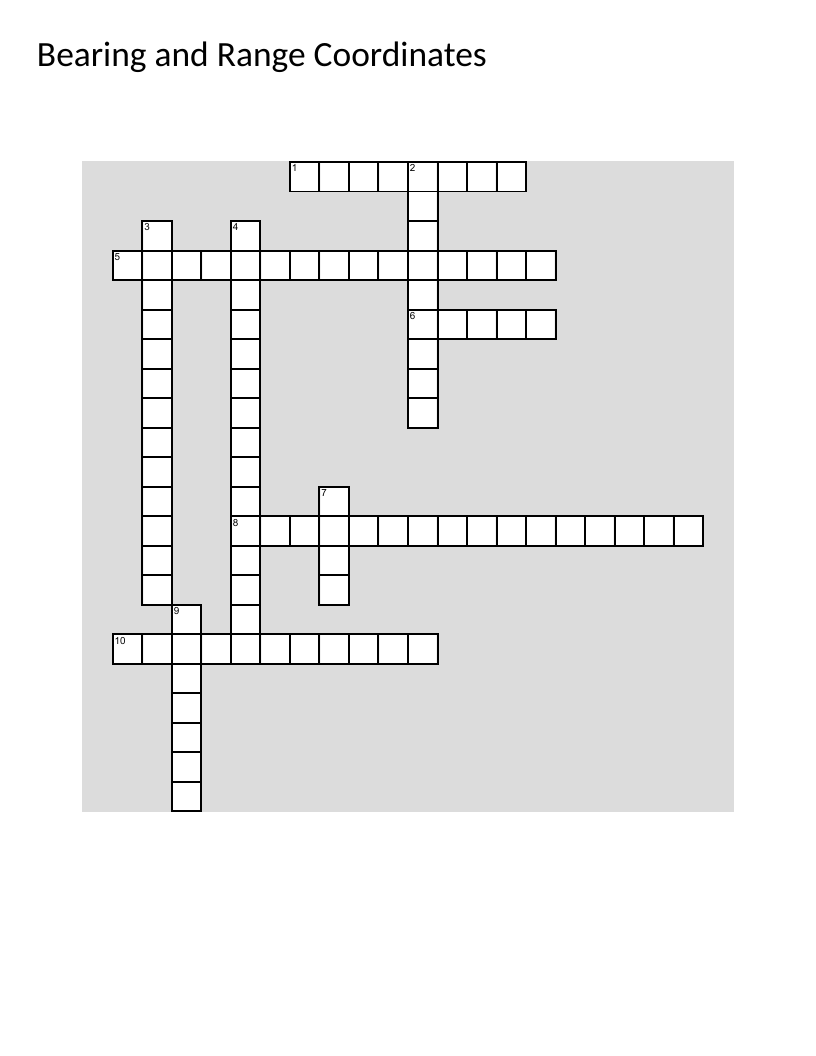 Bearing and range coordinates crossword covering magnetic degrees and reference systems.