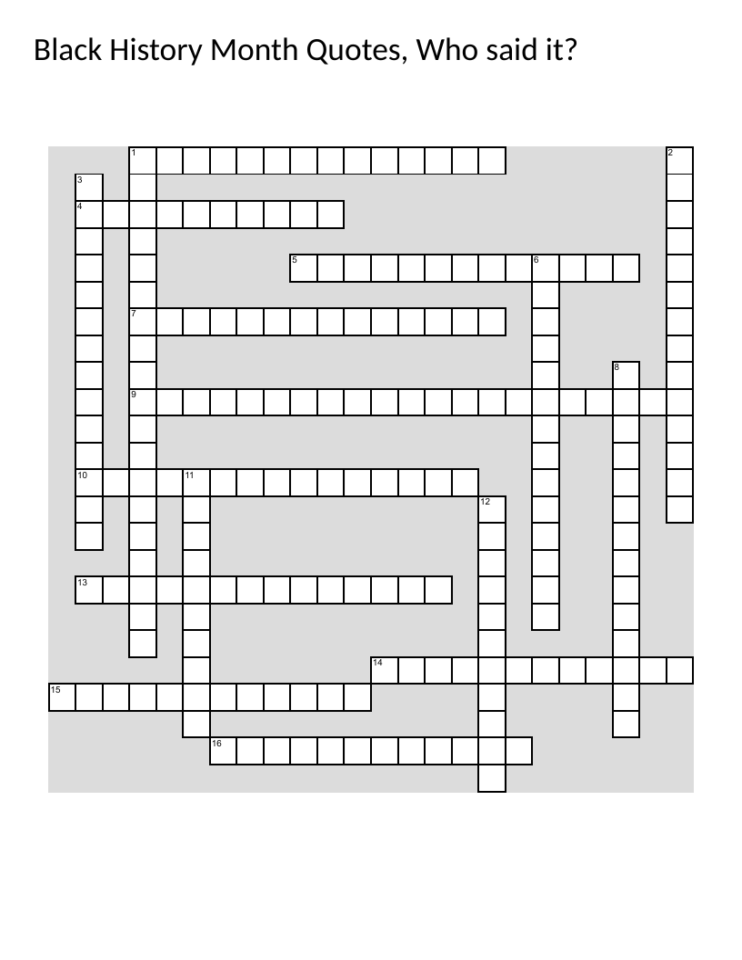 Black History Month quotes crossword with Maya Angelou, Rosa Parks, and Nelson Mandela.