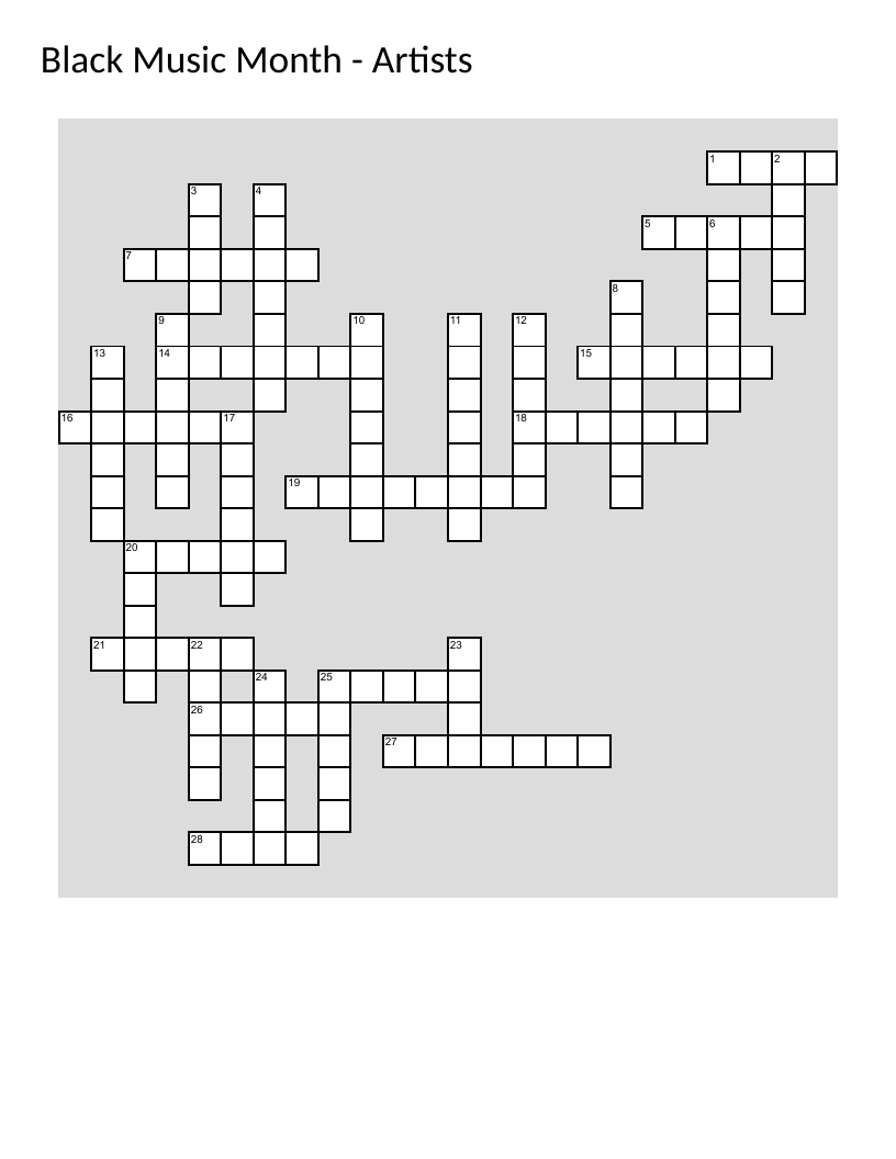 Black Music Month crossword with iconic artists including Aretha Franklin, Prince, and Whitney Houston.