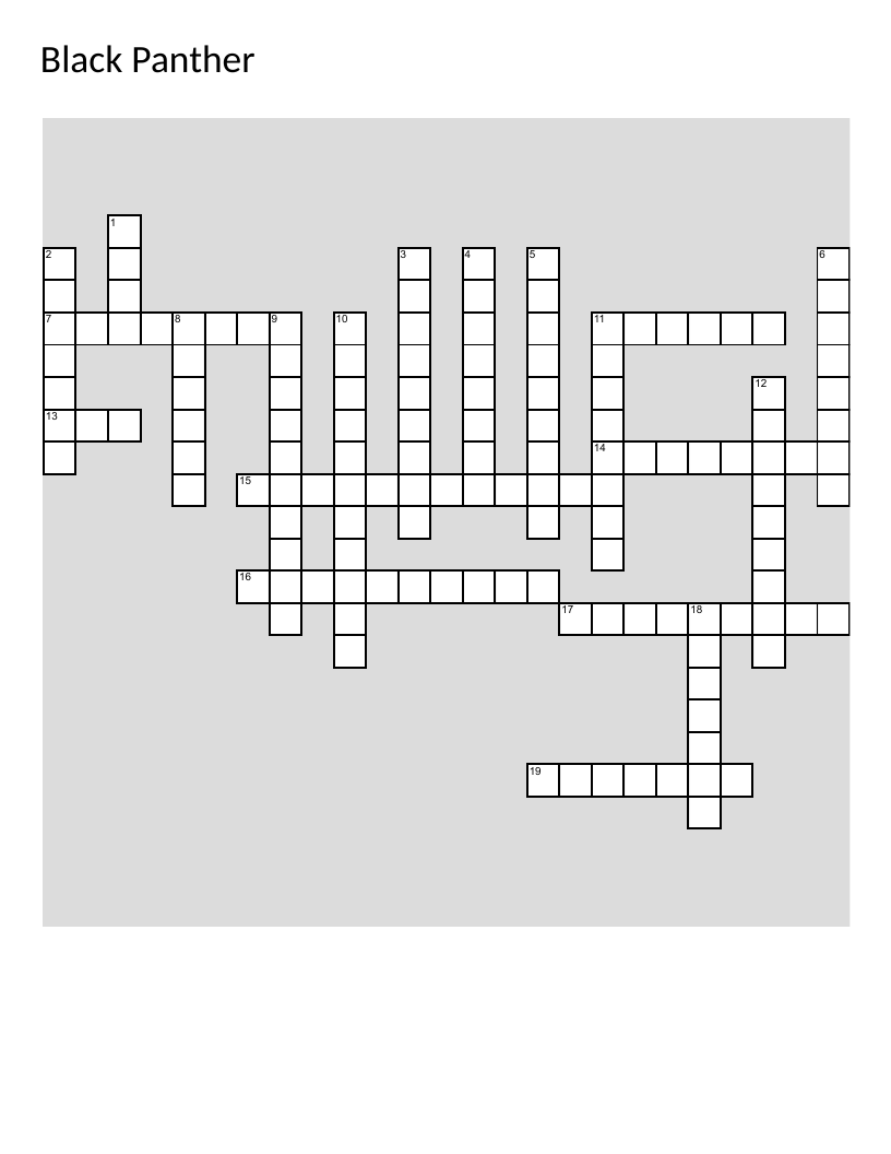 Black Panther movie crossword with Wakanda, Vibranium, and Killmonger.