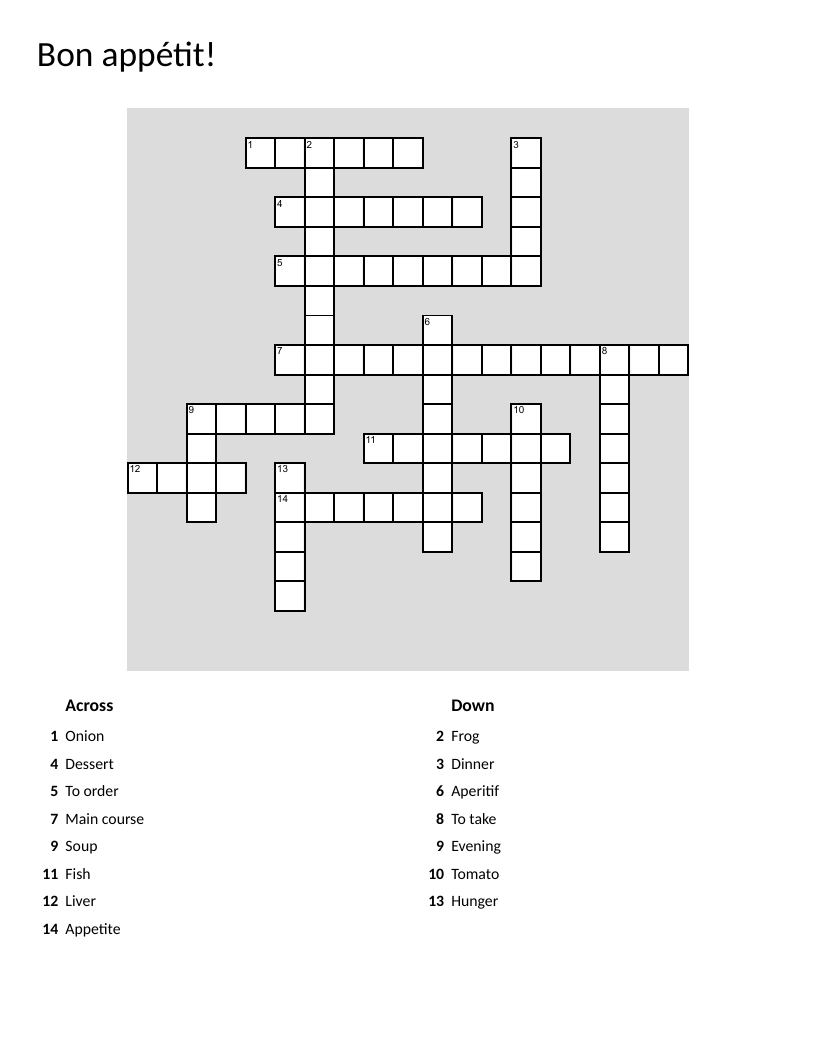 French vocabulary crossword with food and dining terms like soup, fish, and dessert.
