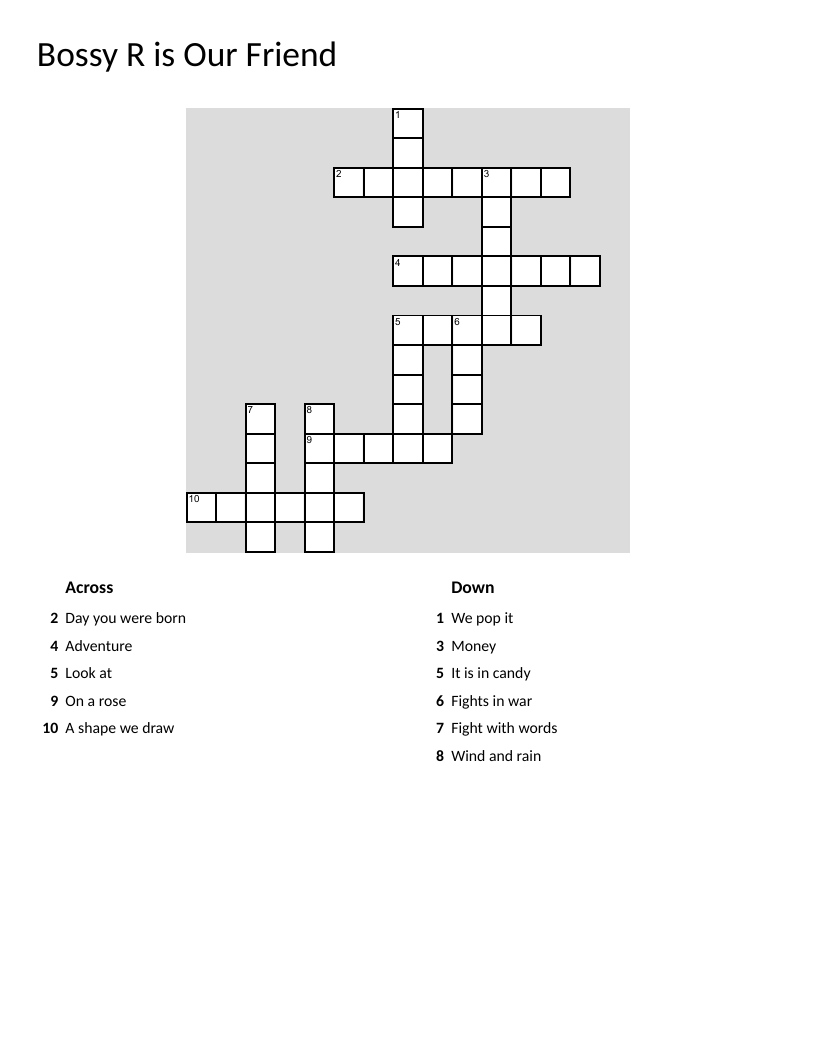 Bossy R crossword puzzle with words like birthday, explore, and storm.