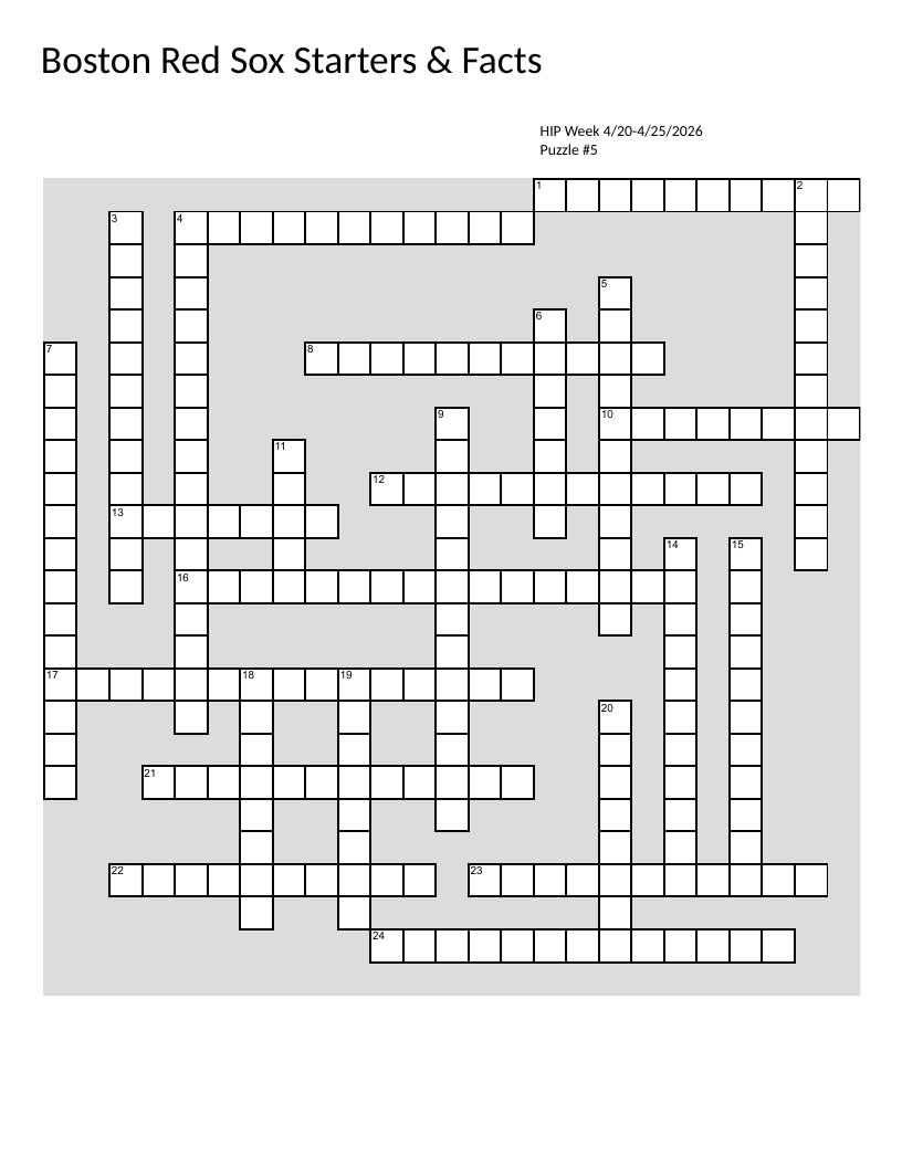 Boston Red Sox crossword with players, starting pitchers, and Fenway Park facts.