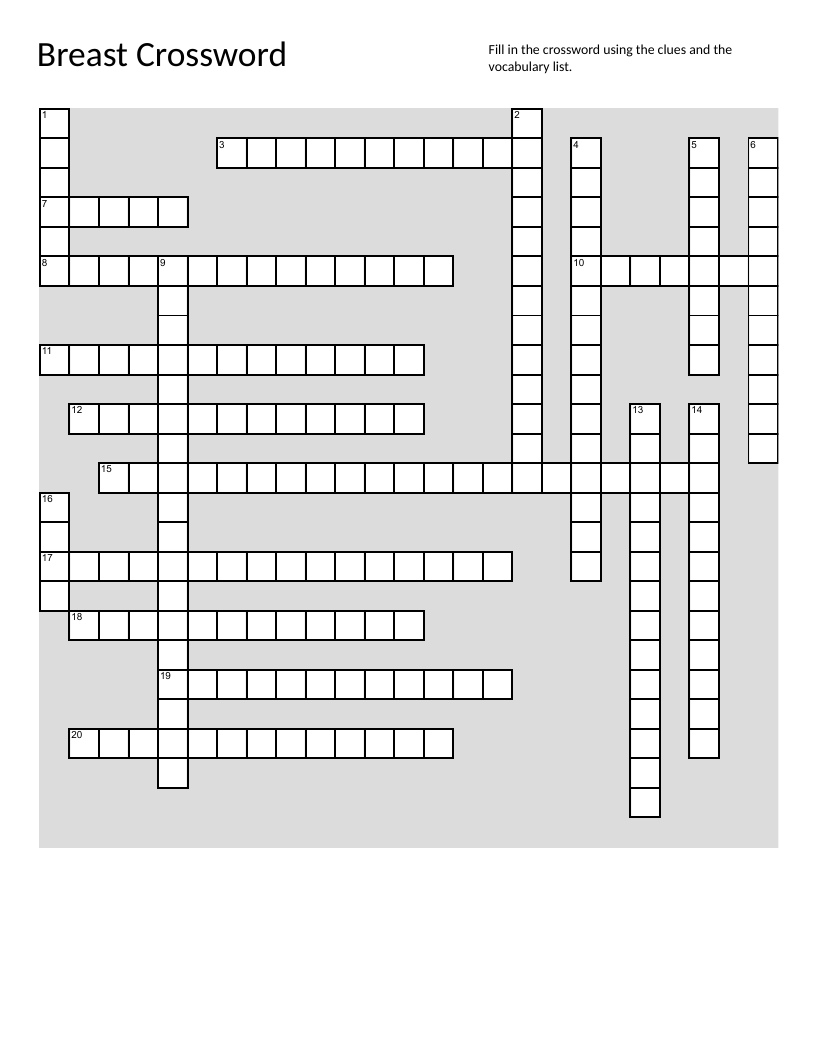 Medical terminology crossword on breast anatomy, radiology, and pathology.