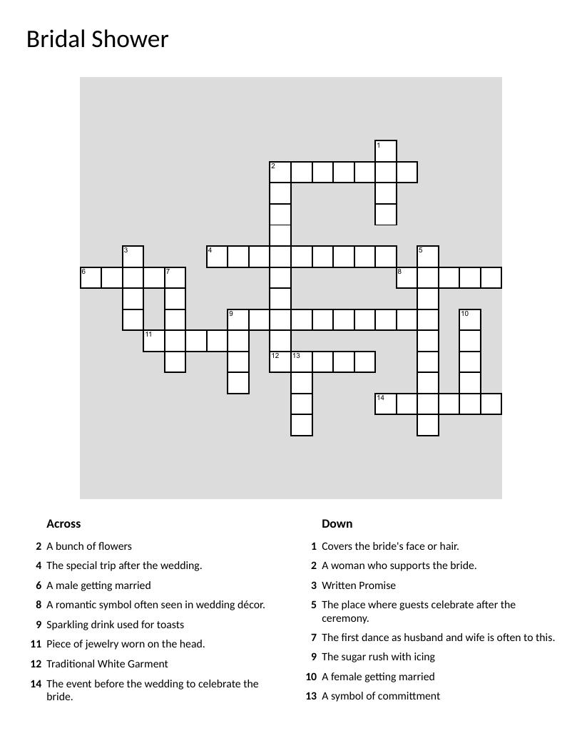 Bridal shower crossword with wedding vocabulary like bouquet, veil, and honeymoon.