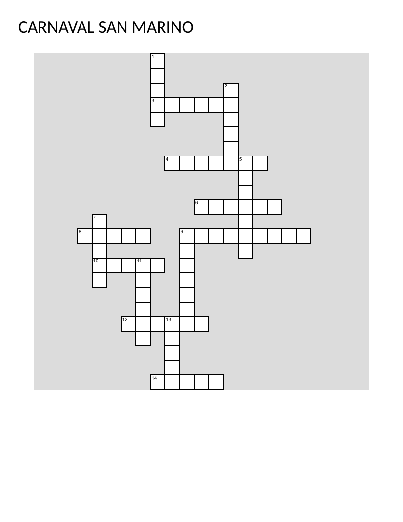 Spanish carnival crossword with vocabulary for costumes, music, samba, and parades.