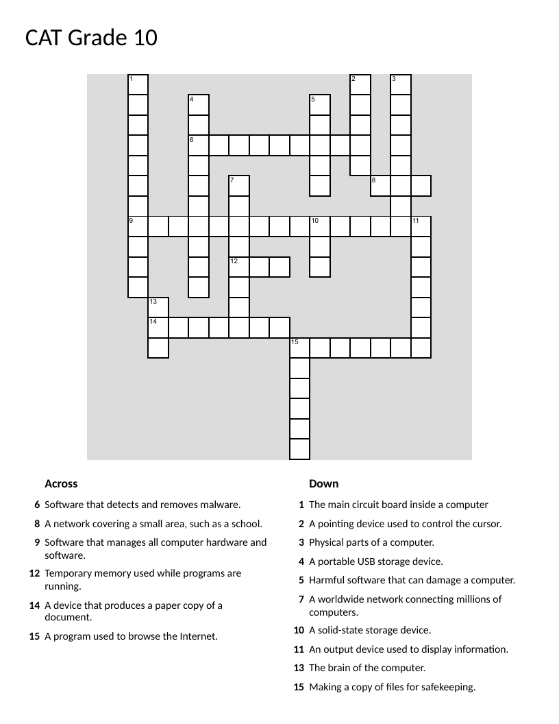 Computer science crossword with hardware, software, networks, and cybersecurity vocabulary.