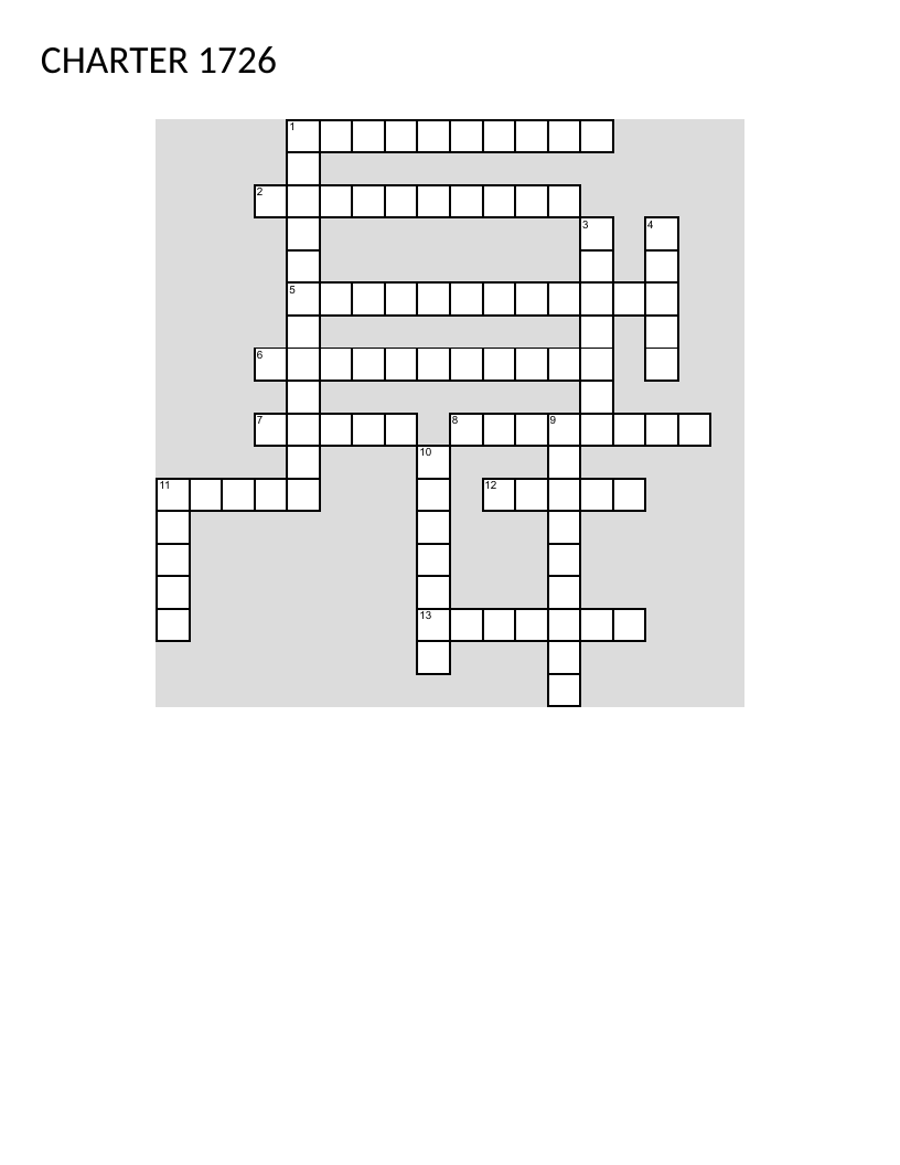 Charter of 1726 history crossword covering colonial courts, judicial systems, and British India.