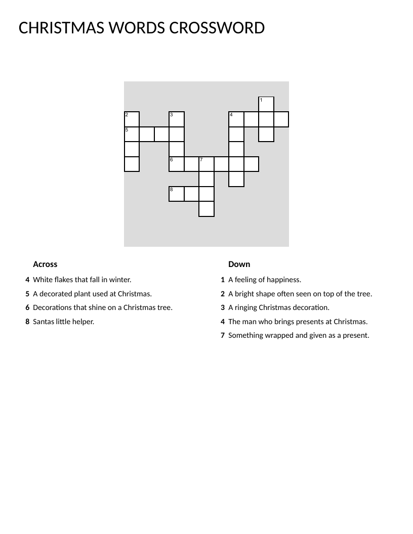 Christmas vocabulary crossword with words like snow, tree, Santa, and gifts.