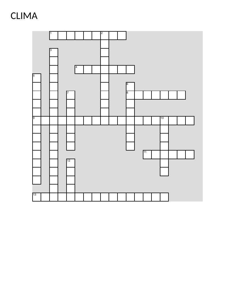 Spanish climate and weather crossword with temperature, humidity, and latitude vocabulary.