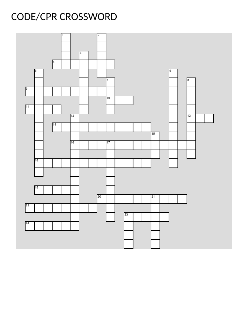 CPR and code blue training crossword with medications, rhythms, and cardiac procedures.