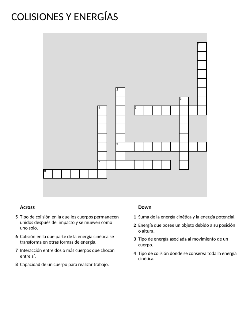Spanish physics crossword on collisions, elastic, kinetic energy, and potential energy.