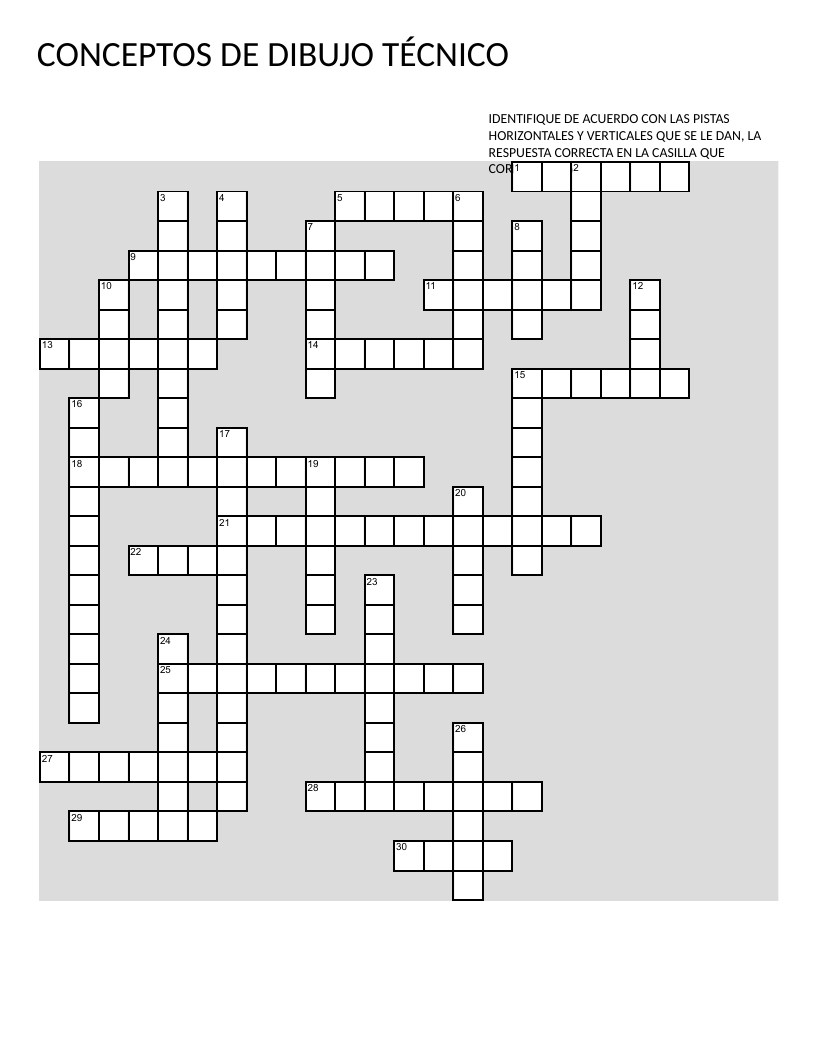 Technical drawing crossword in Spanish with tools, line types, and orthographic views.