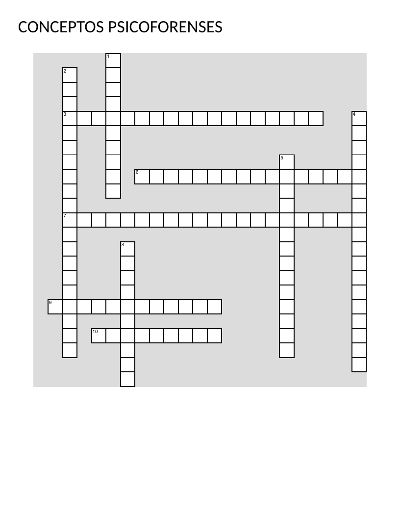 Forensic psychology vocabulary crossword in Spanish with legal and diagnostic terms.