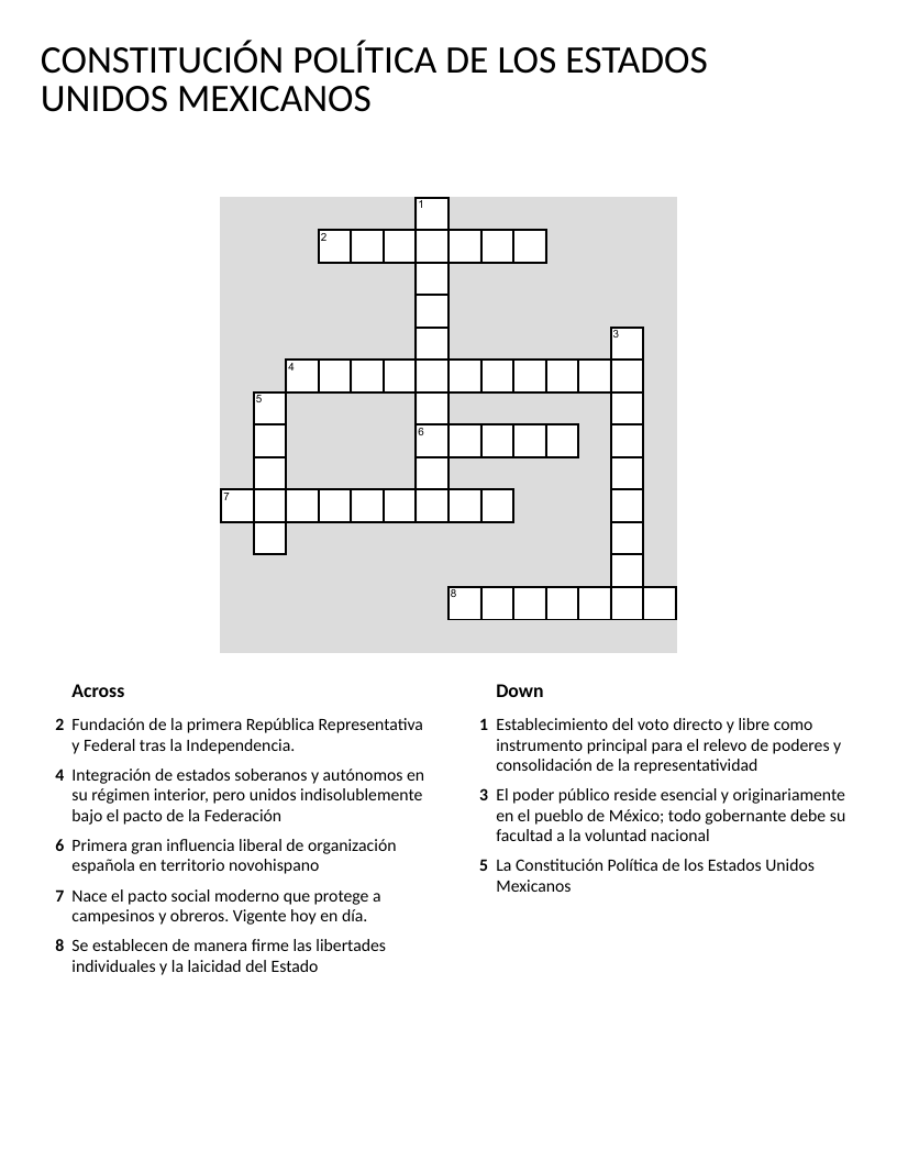 Mexican Constitution crossword puzzle with Spanish civics vocabulary.