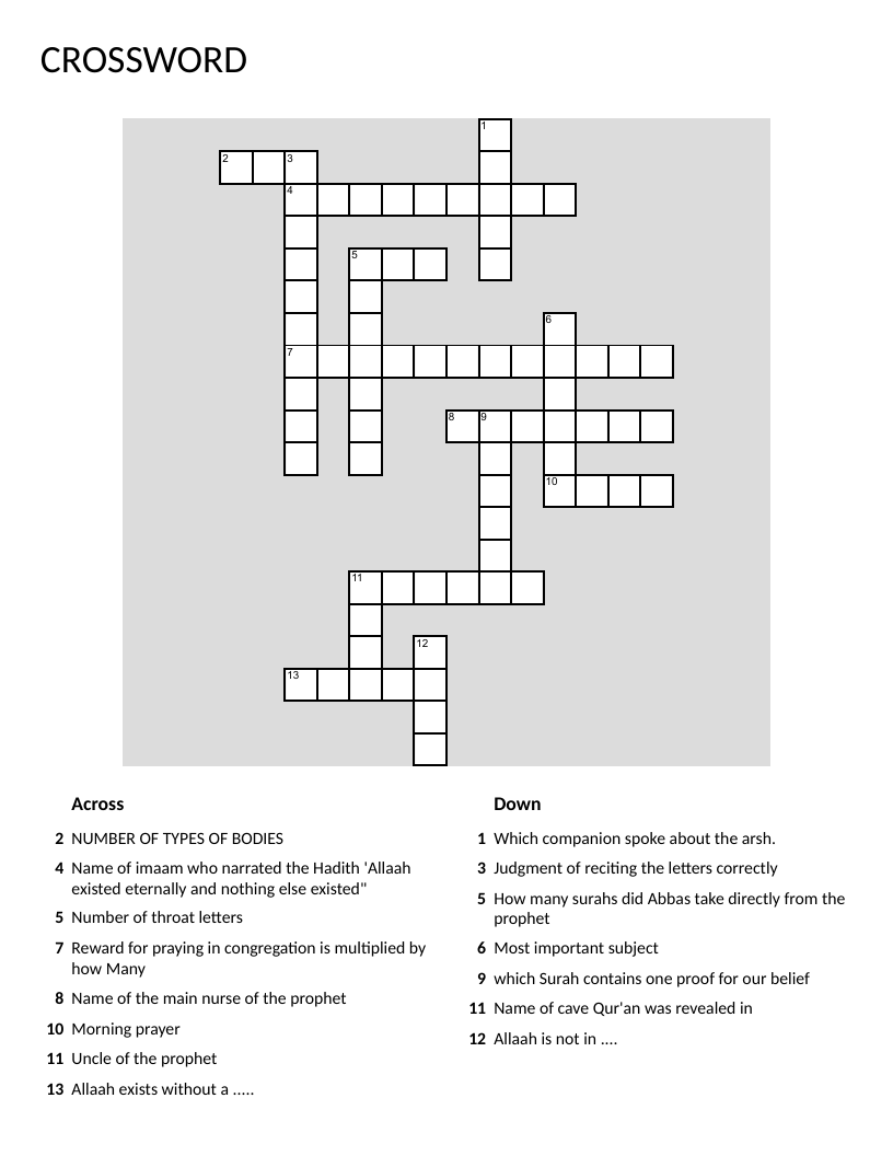 Islamic studies crossword with Qur'an, Hadith, and Islamic theology clues.