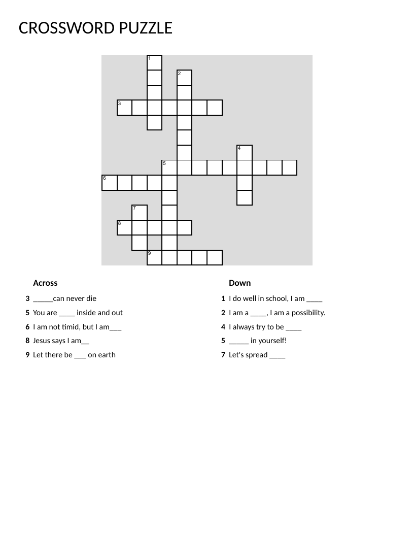 Affirmations crossword with words like beautiful, brave, loved, and kind for young students.