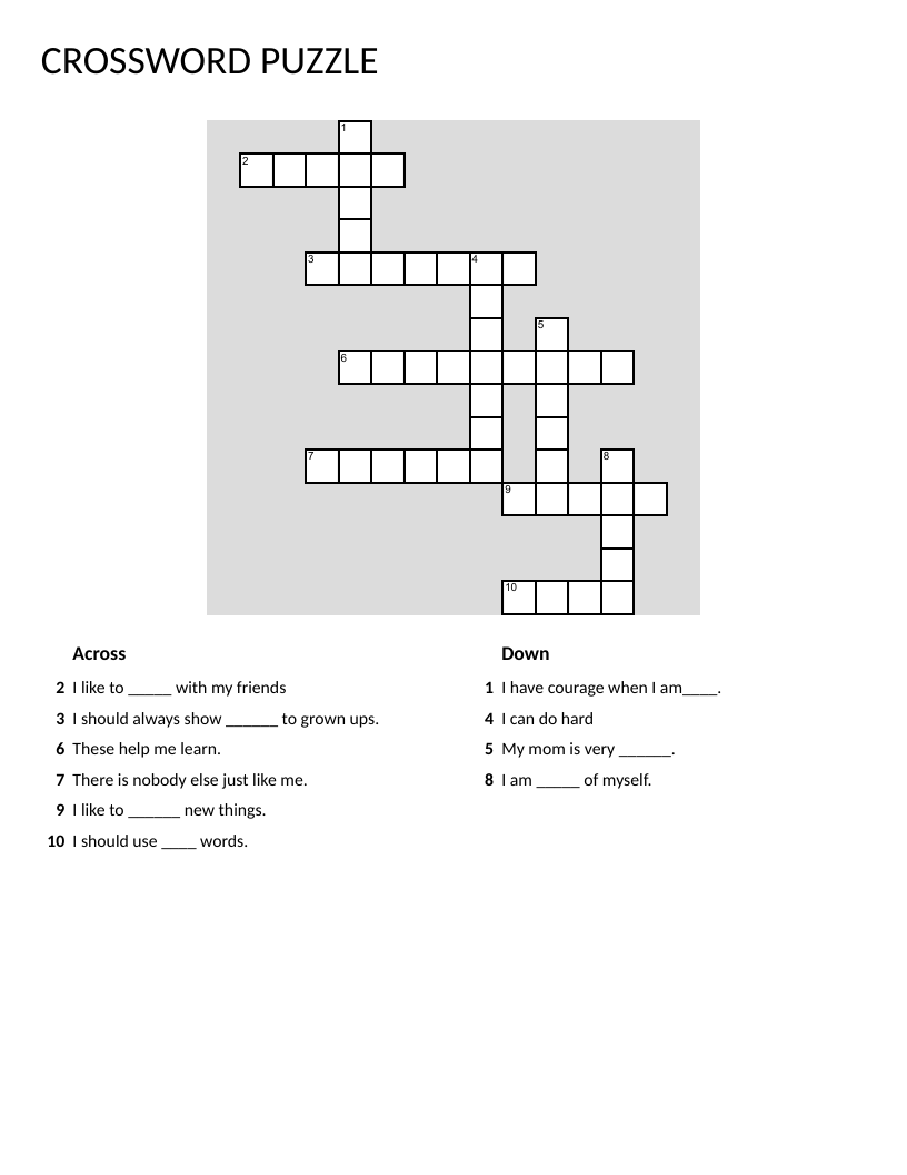 Character traits crossword for early elementary with words like kindness, respect, and bravery.