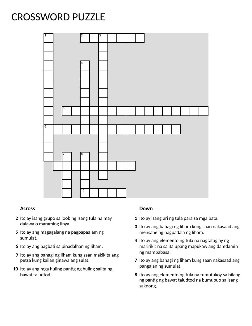 Filipino language crossword with poetry and letter-writing vocabulary terms.