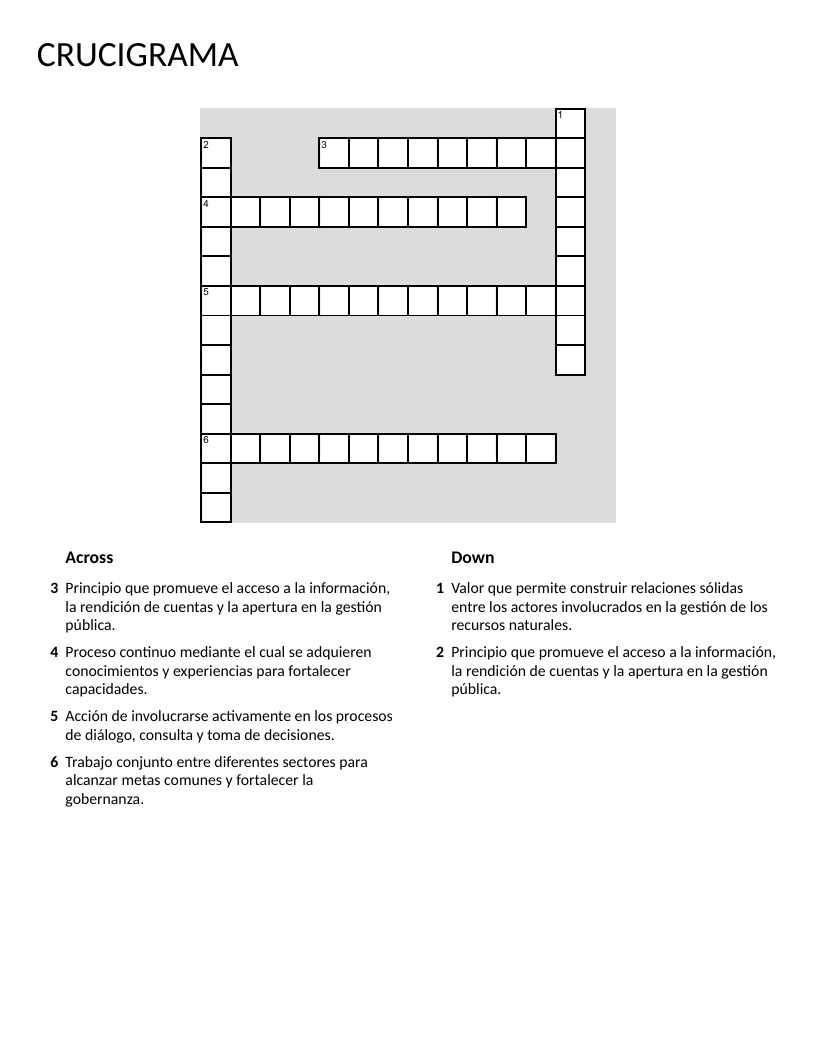 Spanish crossword with civic vocabulary: transparency, collaboration, participation, accountability.