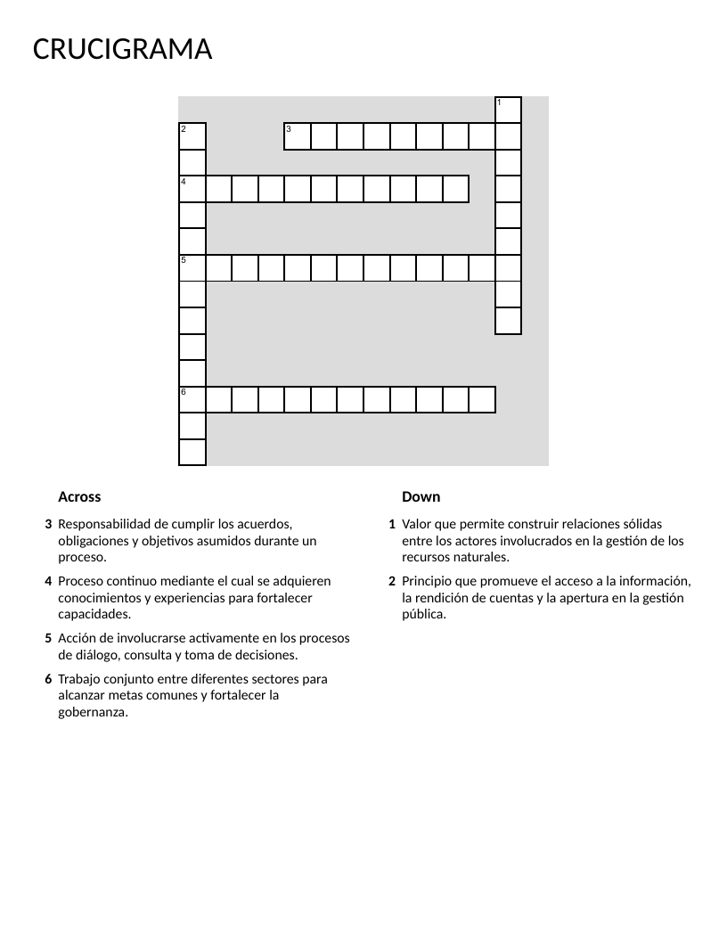 Spanish crossword with vocabulary for civic engagement and governance.