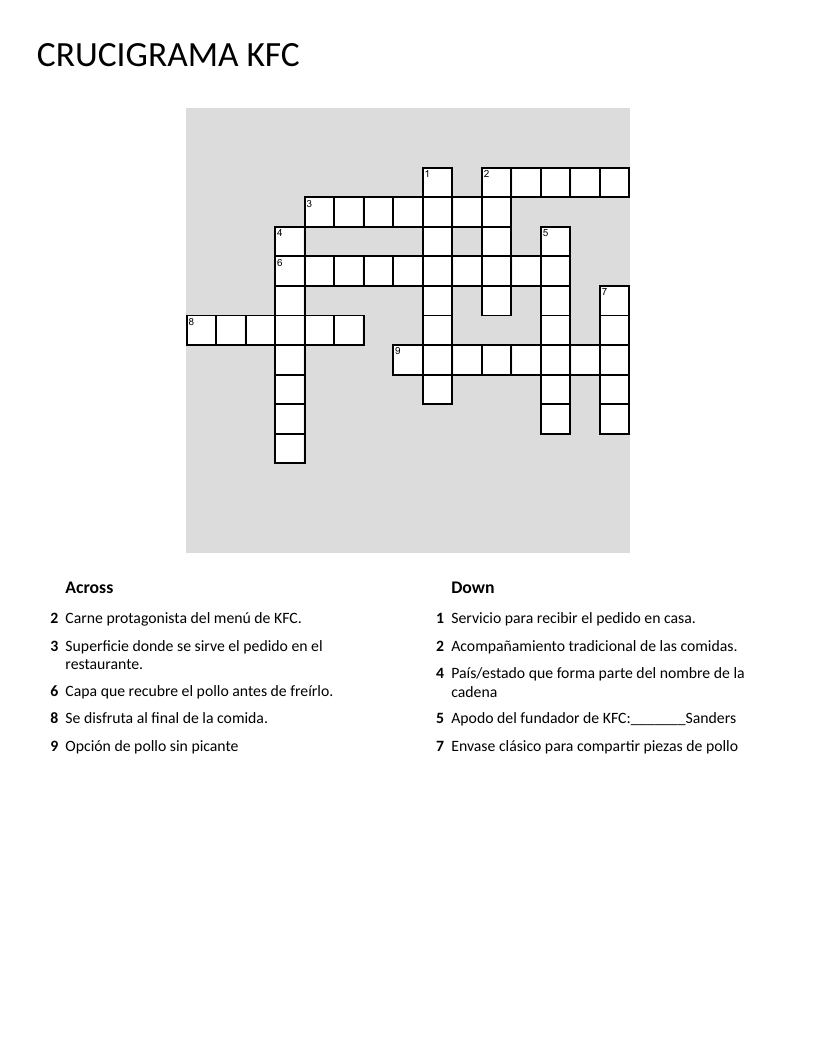 Spanish crossword about KFC with vocabulary for chicken, potatoes, and restaurant terms.