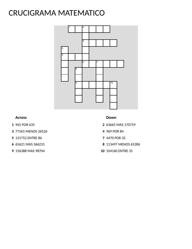 Spanish math crossword with arithmetic problems in multiplication, division, addition, and subtraction.