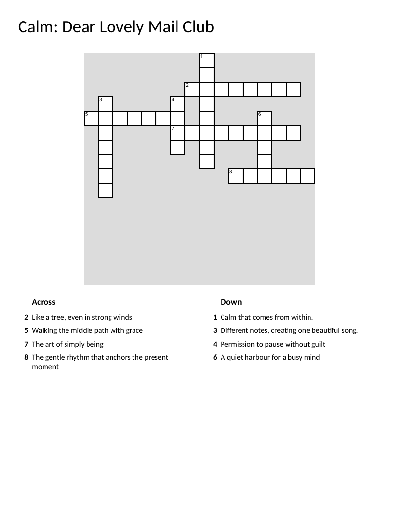 Mindfulness crossword puzzle with words about calm, balance, and serenity.