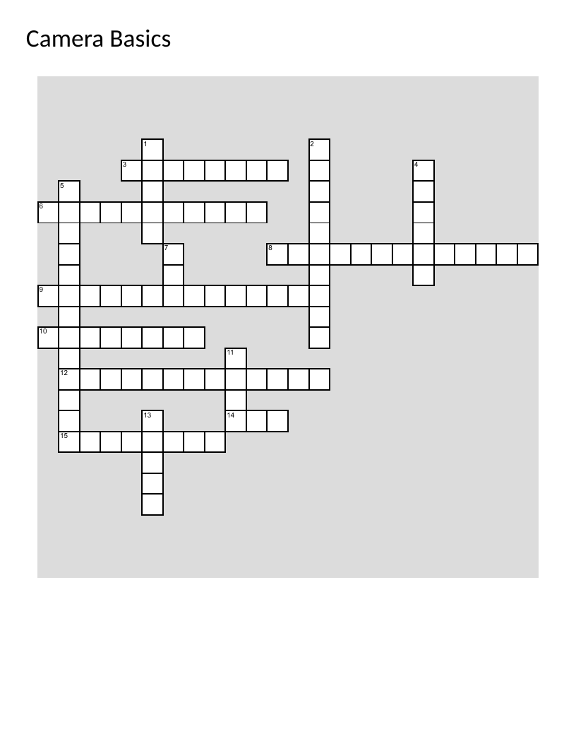 Photography crossword puzzle with terms like aperture, exposure, and composition.