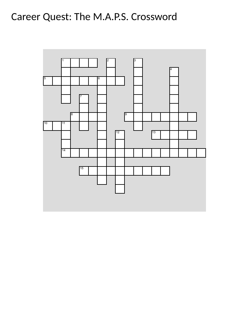 Medical career planning crossword covering M.A.P.S. program, specialty exploration, and residency preparation.